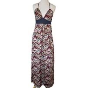 BCBGeneration Chevron Print Red Gray Maxi S Criss Cross Strap Dress Adjustable